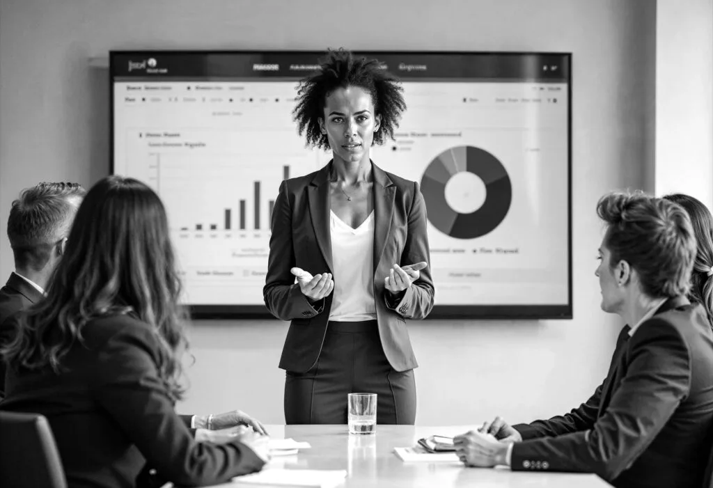 Une femme présentant les types de marketing digital a son équipe avec des graphiques sur un tableau