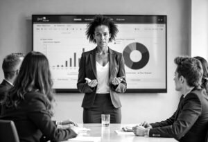 Une femme présentant les types de marketing digital a son équipe avec des graphiques sur un tableau