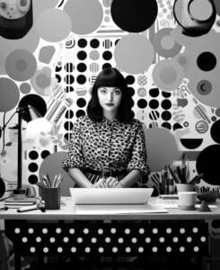 Femme web designer utilisant des outils gratuits pour le web design assise sur un bureau