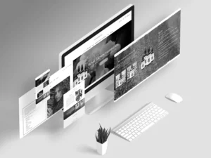 Illustration en 3D d'un ordinateur affichant des layouts de web design pour les tendances 2025