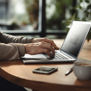 Un homme utilisant son ordinateur portable avec un téléphone posé à côté sur une table, illustrant la création d’un site web vitrine professionnel.