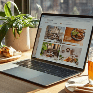 illustration site web vitrine — Ordinateur dans une maison avec fenêtre donnant sur la rue