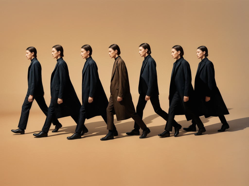 Groupe de personnes marchant en synchronisation représentant la cohérence et l'uniformité d'une identité visuelle forte dans une entreprise