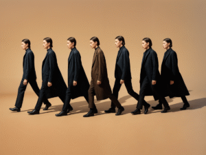 Groupe de personnes marchant en synchronisation représentant la cohérence et l'uniformité d'une identité visuelle forte dans une entreprise