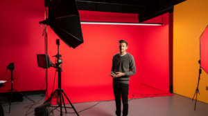 Figurant en studio de tournage, debout devant les projecteurs et le matériel vidéo, participant à une scène en arrière-plan.