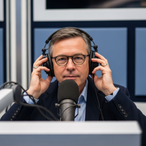 Homme en studio devant un microphone professionnel en train d’effectuer une prise de son pour un enregistrement audio.