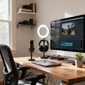 Homme assis devant un ordinateur en train de réaliser un montage vidéo sur un logiciel de post-production, concentré sur l’écran.