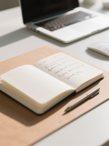 Carnet ouvert représentant le processus scriptage de vidéos, rédigé à la main, utilisé pour préparer le texte et les scènes d’une prise de vue.