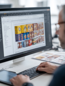 Designer graphique en train de concevoir un post réseaux sur ordinateur, avec interface de logiciels de design apparente.