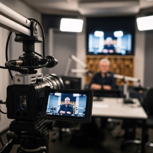 Caméraman filmant une scène avec une caméra professionnelle sur trépied dans un studio lors d’un shooting vidéo marketing.